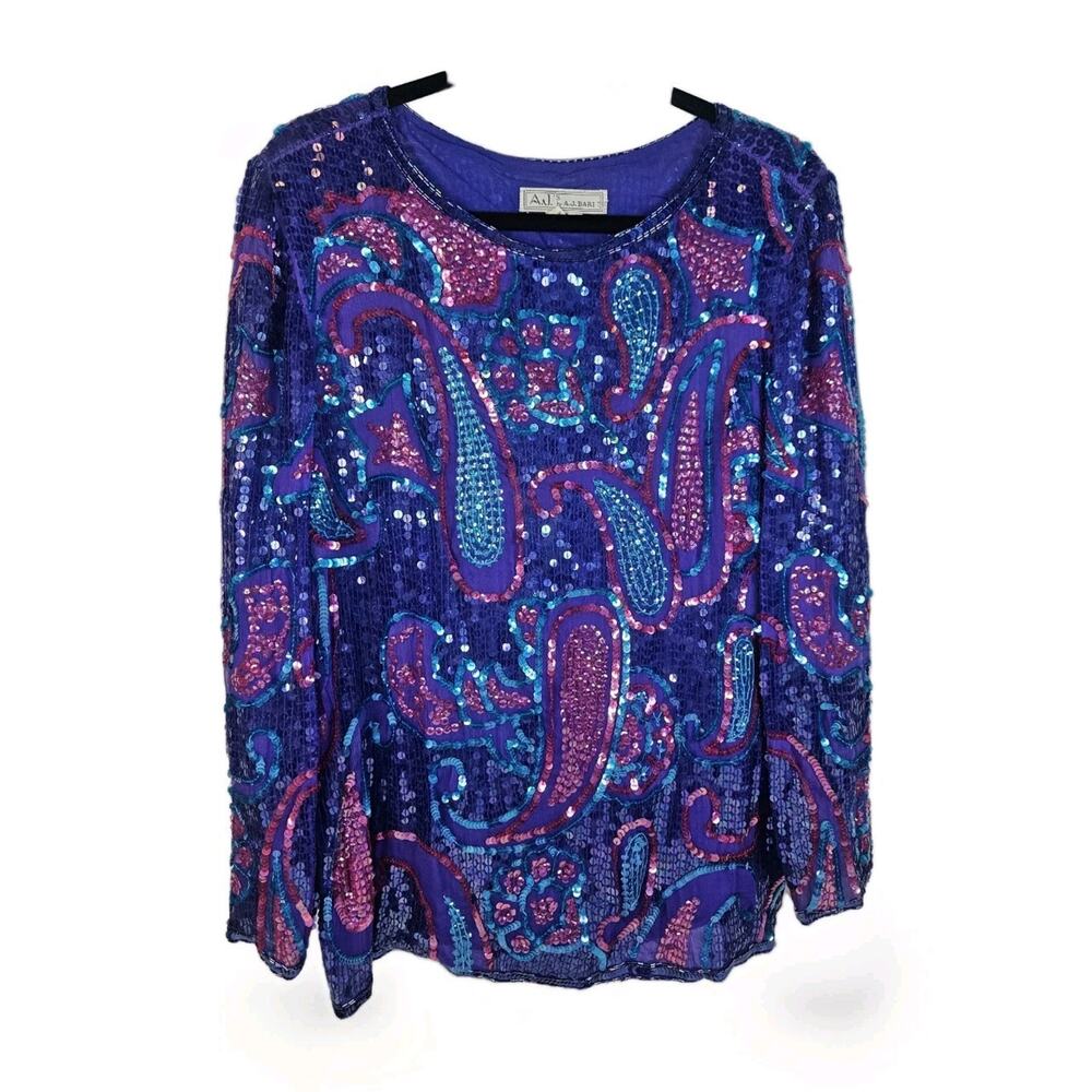 Sequin Beaded Silk Top 90s Blue Long-Sleeve Blouse Gatsby Glam Party Large